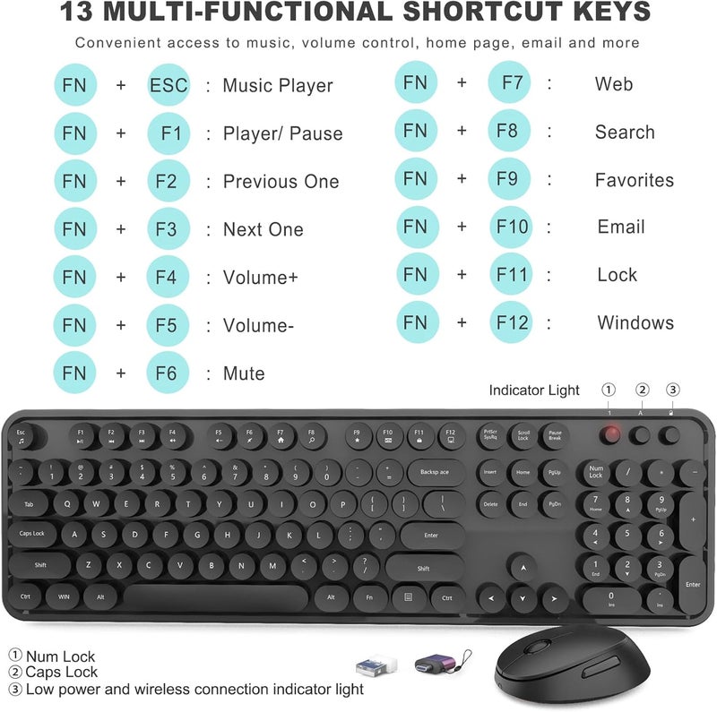 SkyGive Wireless Keyboard and Mouse Combo, Ergonomic Full Size Typewriter Retro Round Keycaps Keyboard, Compatible with Windows, PC, Perfer for Home and Office Keyboards (Black - Image 4